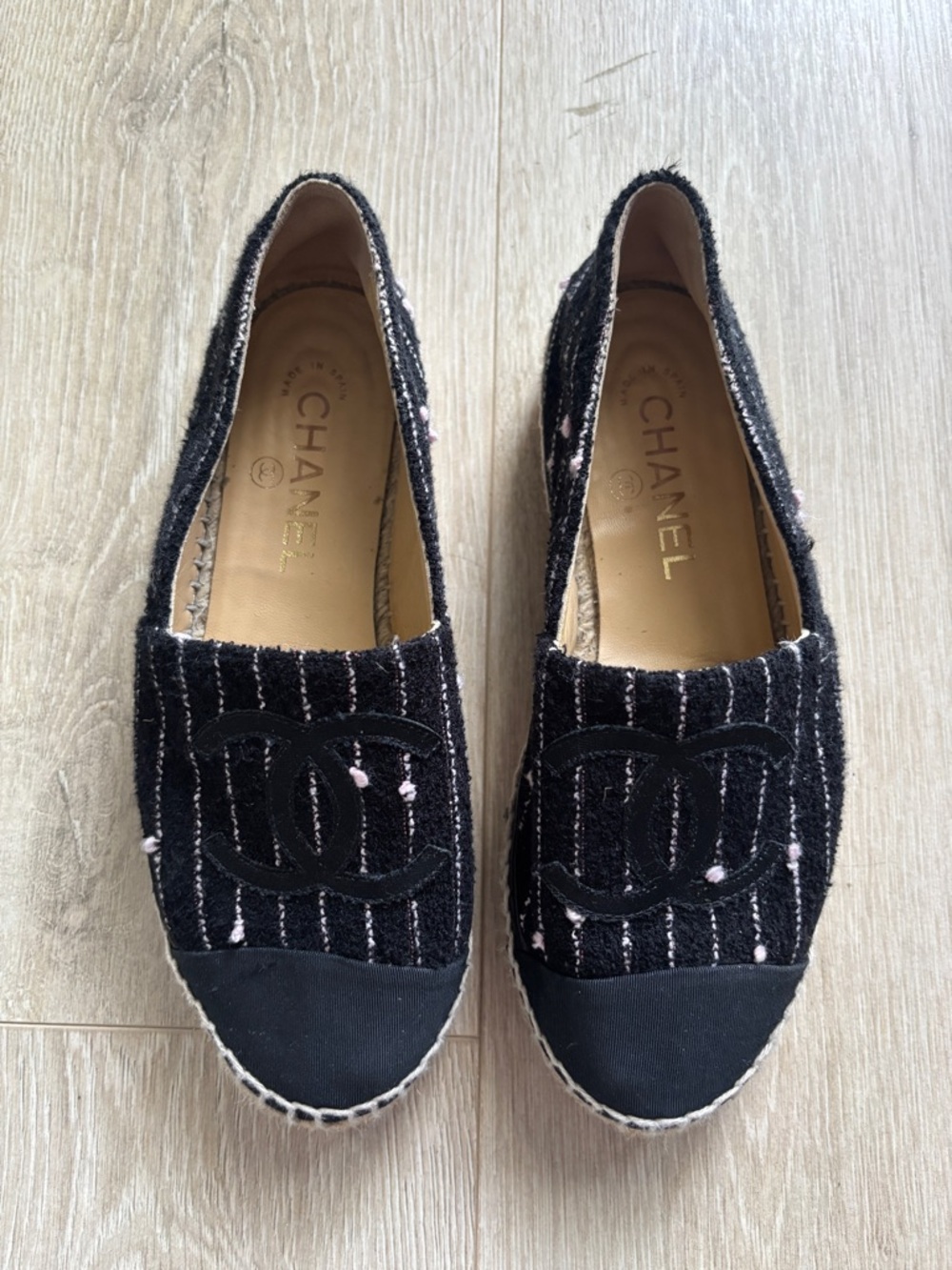 Chanel Tweed Espadrilles Black/Light Pink - Size 36